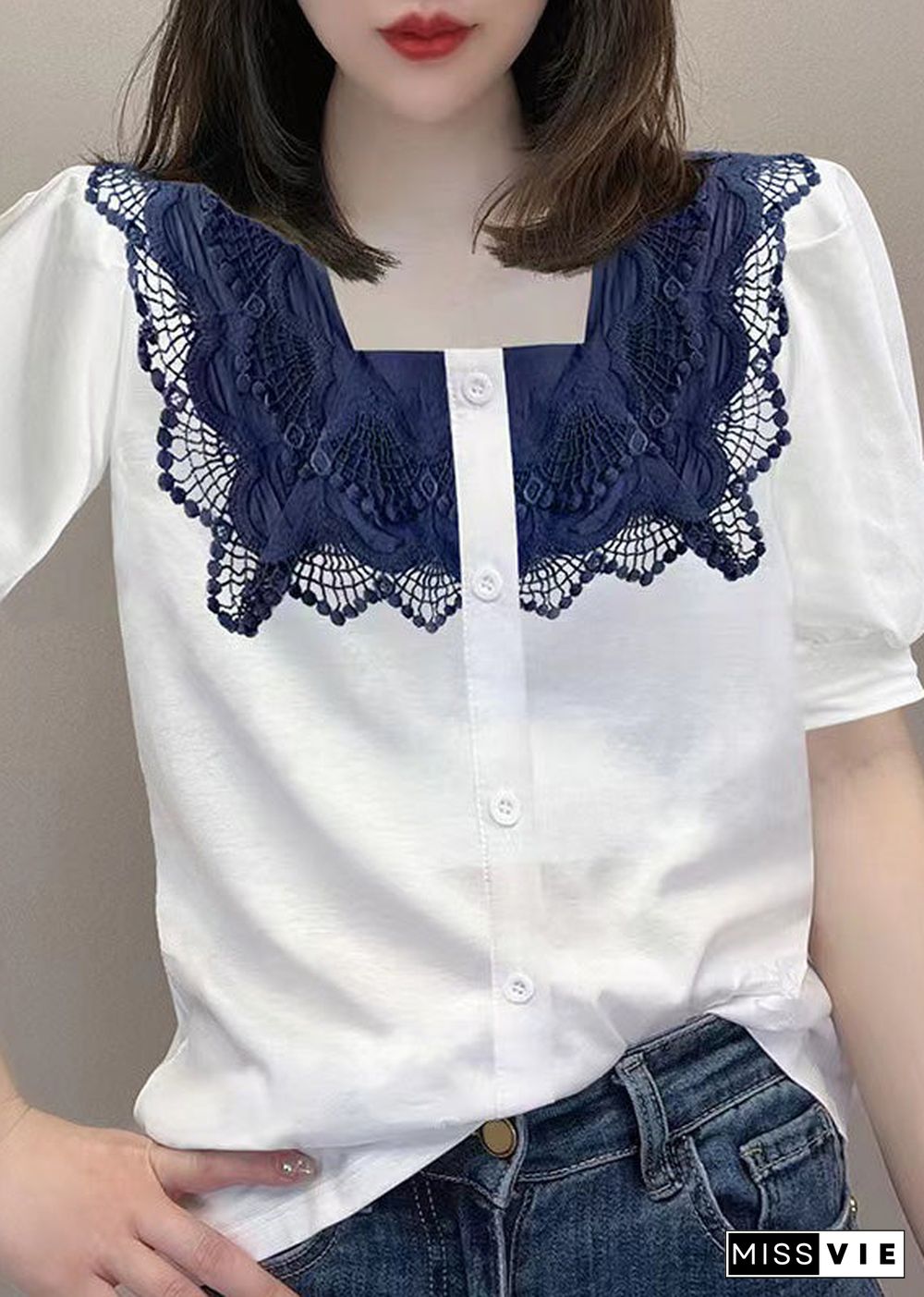 Women White Square Collar Lace Patchwork Button Shirt Short Sleeve