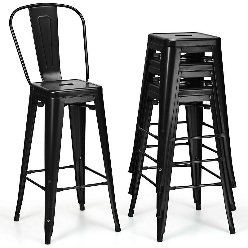 Set Of 4 Black 30 Height High Back Metal Industrial Bar Stools