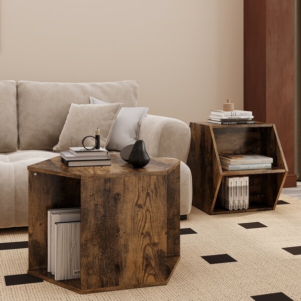 Hexagonal Coffee Table Side Table Nightstand Antique Wood