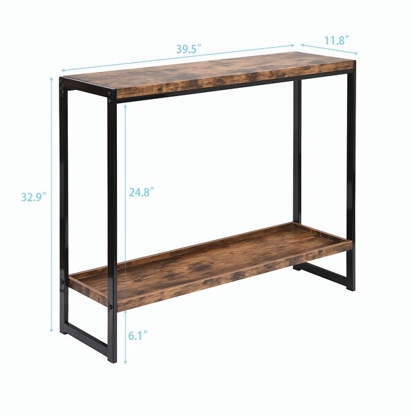 Rustic 2-tier Console Table Side Table with Metal Frame， Brown and Black