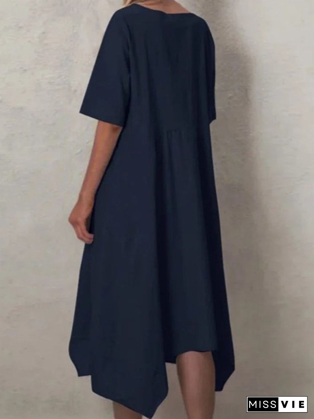 Women Short Sleeve Scoop Neck Solid Pockets Midi Dress