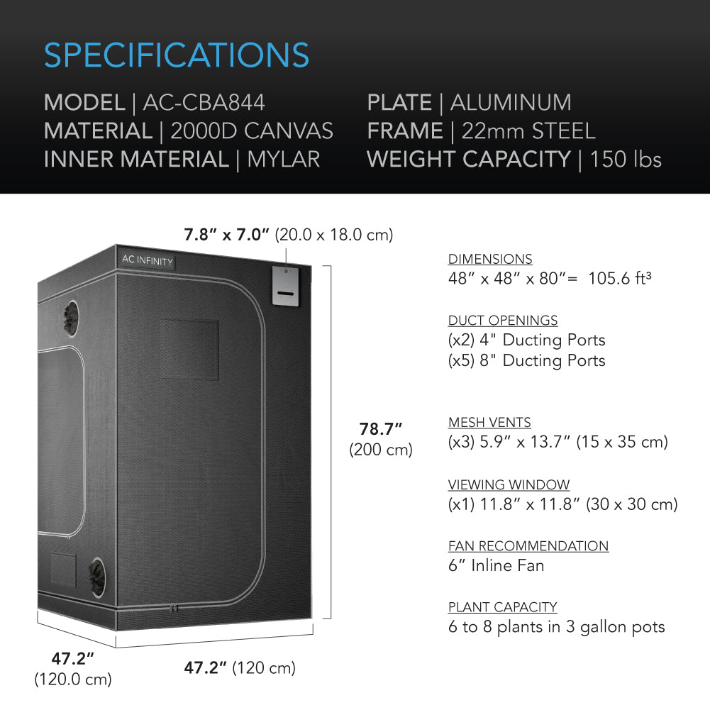 AC Infinity CLOUDLAB 844 Advance Grow Tent， 4x4 with Thicker 1 in. Poles， Higher Density 2000D Mylar Canvas， Controller Mount for Hydroponics Indoor Growing， 48” x 48” x 80”