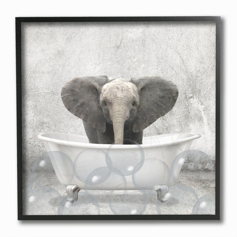 Stupell Industries Baby Elephant Bath Time Cute Animal Design Graphic Art Black Framed Art Print Wall Art， 12and#215;12， by Kim Allen