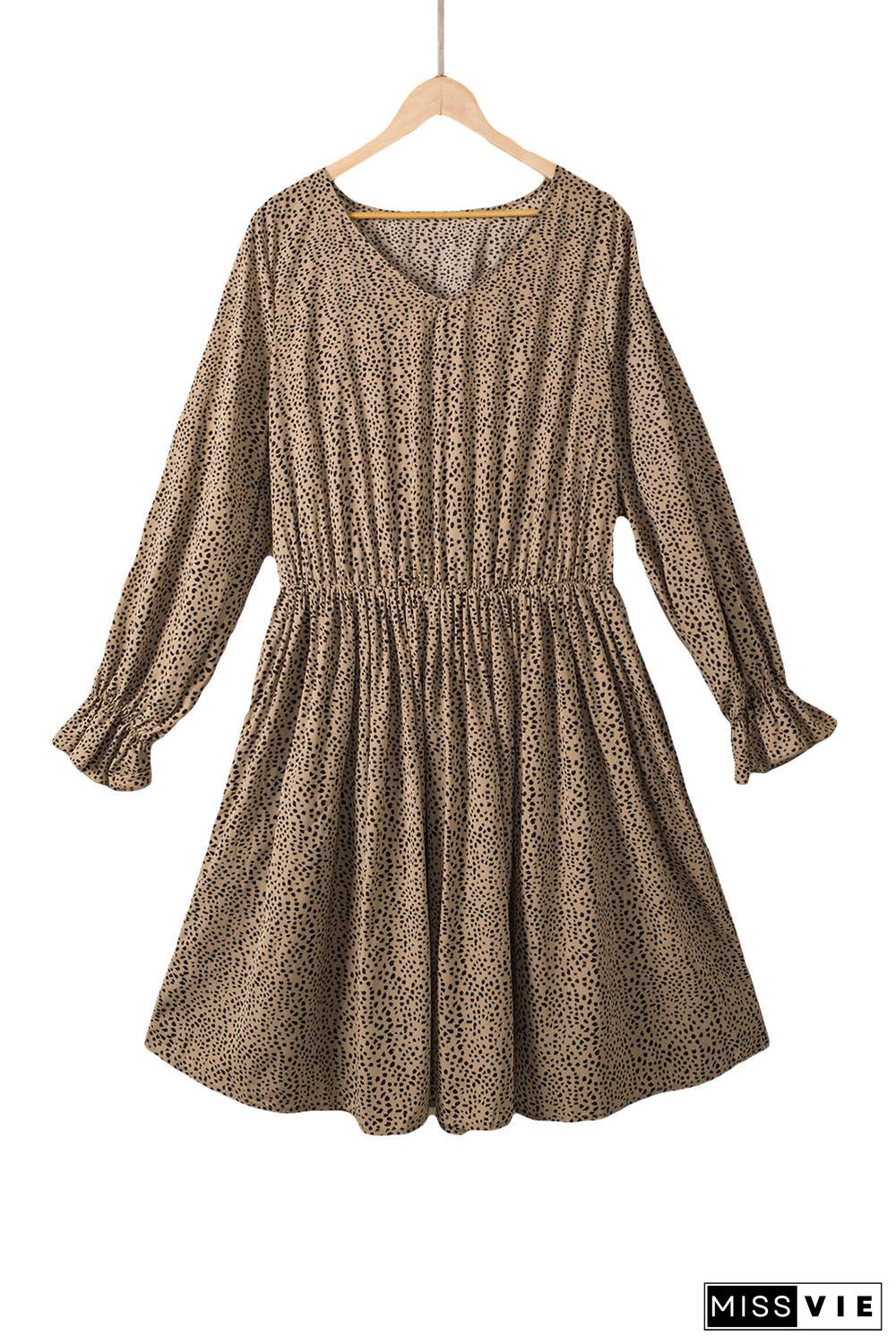 Khaki Plus Size Ruffled Long Sleeve Animal Spotted Print Dress