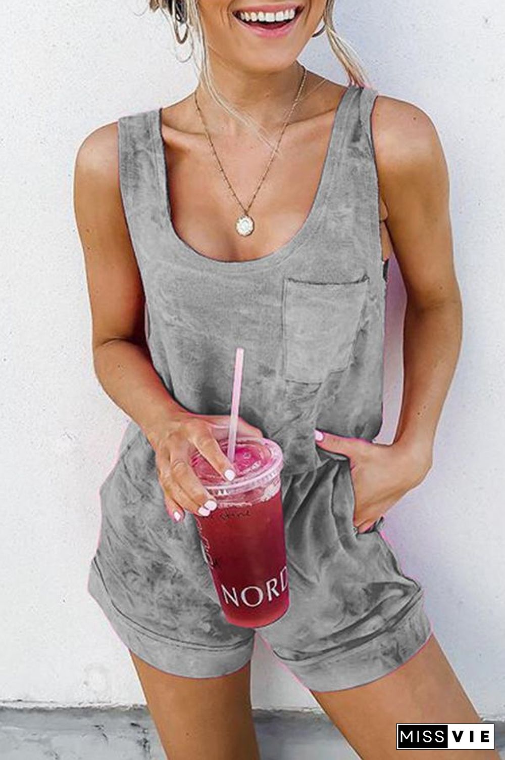 Fashion Tie Dye Sleeveless Pocket Rompers P11736