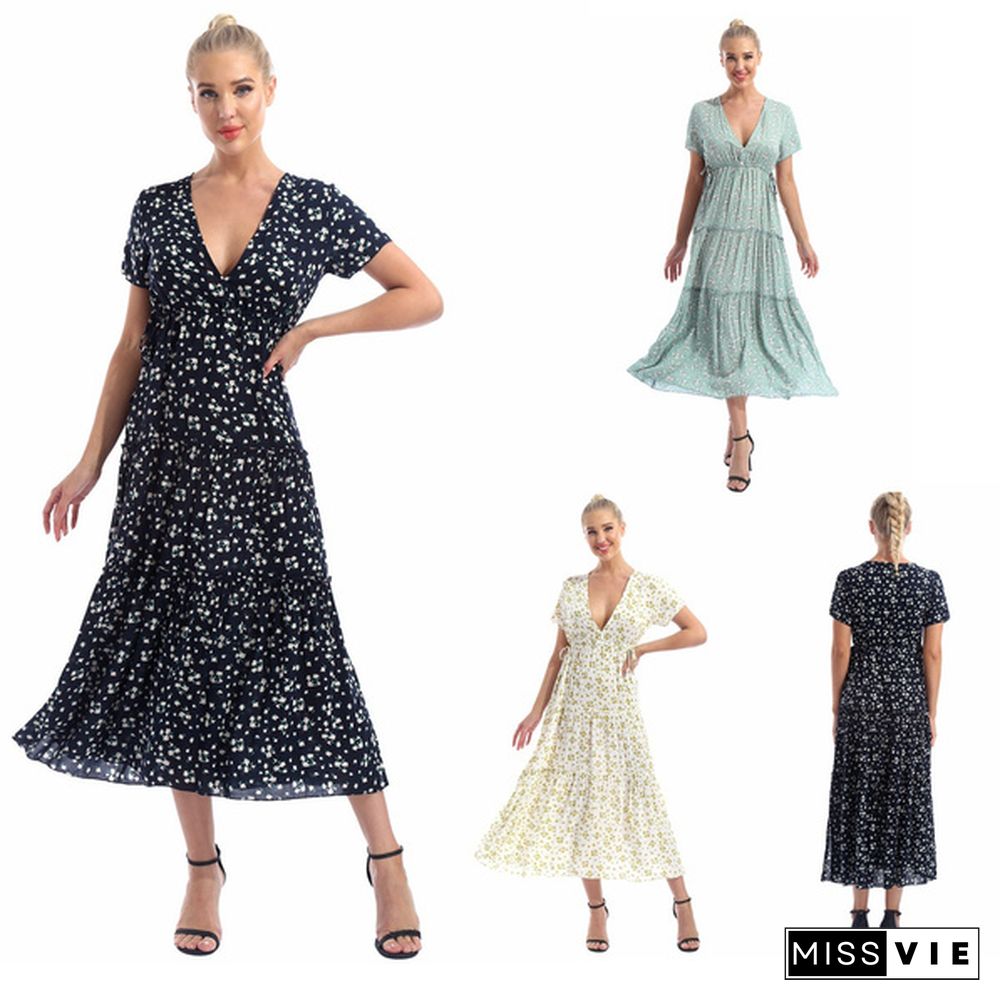 Sexy Women's Boho Pattern Print Short Sleeves Floral Print Drawstring High Waist Sash Ruffle Hem Cotton Long Maxi Dress #S-XL