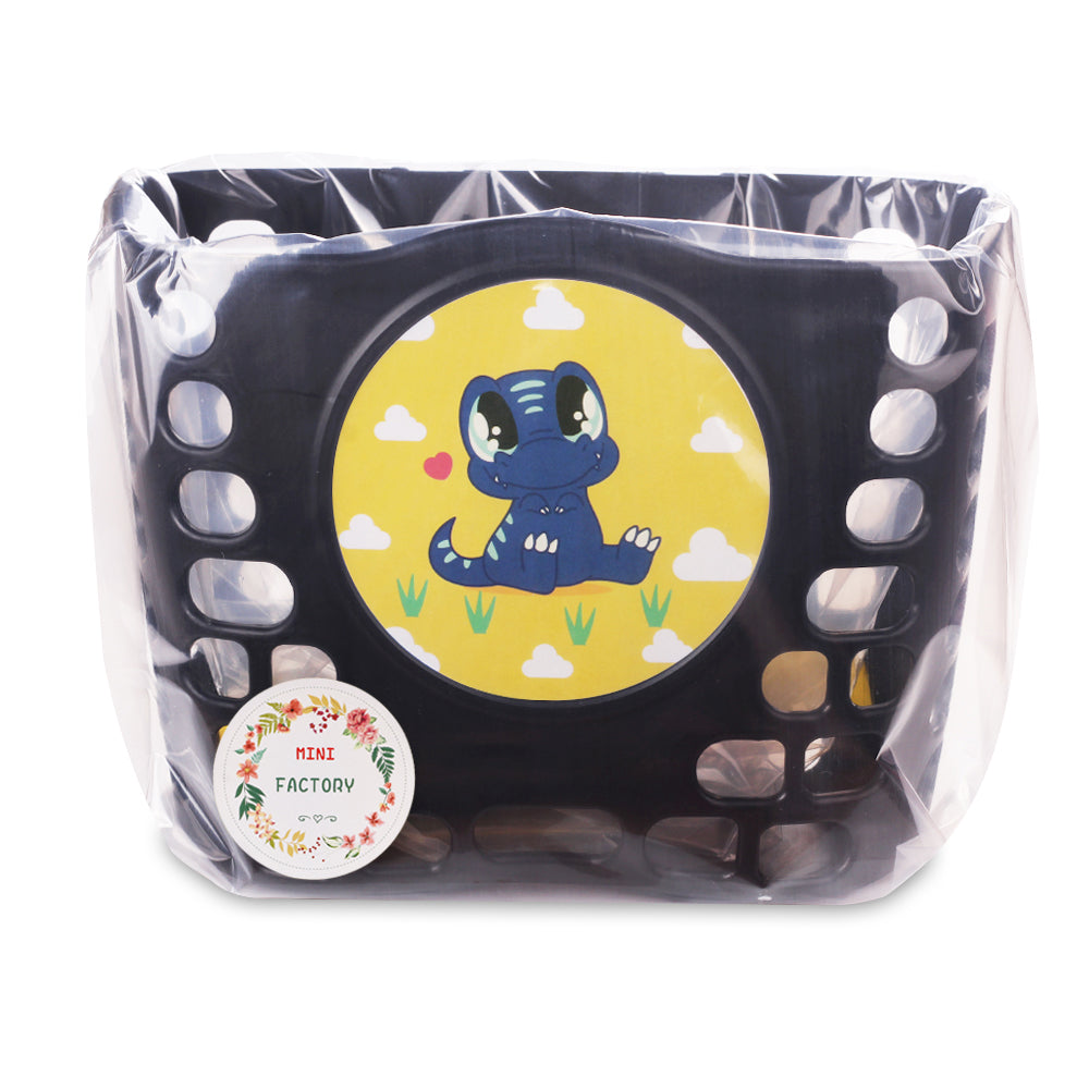 Kid's Bike Basket， MINI-FACTORY Cute Dinosaur Pattern Bicycle Handlebar Basket for Boys - Black basket + Cute Blue Dino