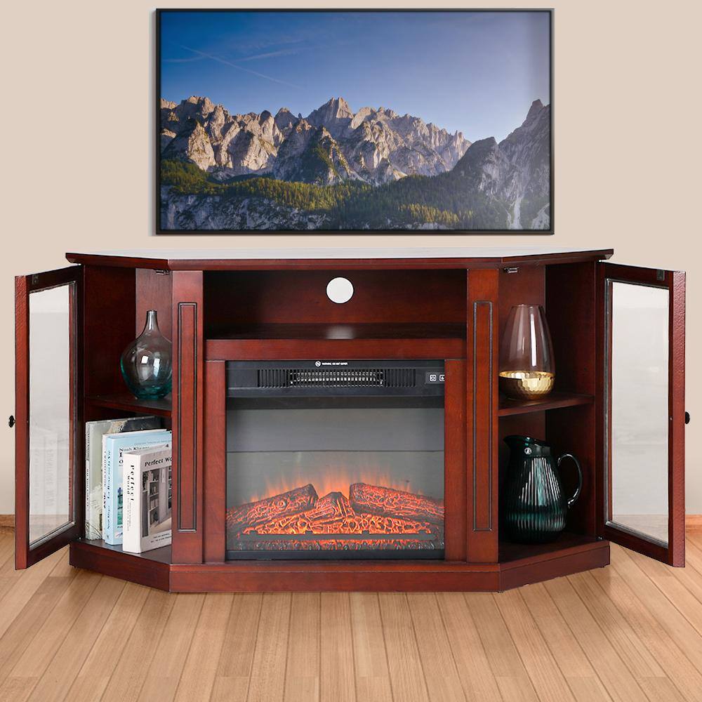 PHI VILLA 48 in. Hexagon Freestanding Electric Fireplace TV Stand in Walnut THD-IF-495-18