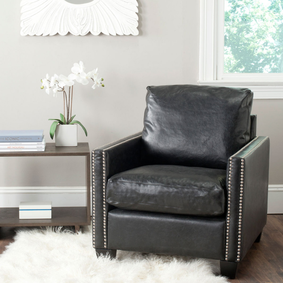 Ricky Leather Club Chair Silver Nail Heads Antique Black   Transitional   Armchairs And Accent Chairs   by Peachtree Fine Furniture  Houzz