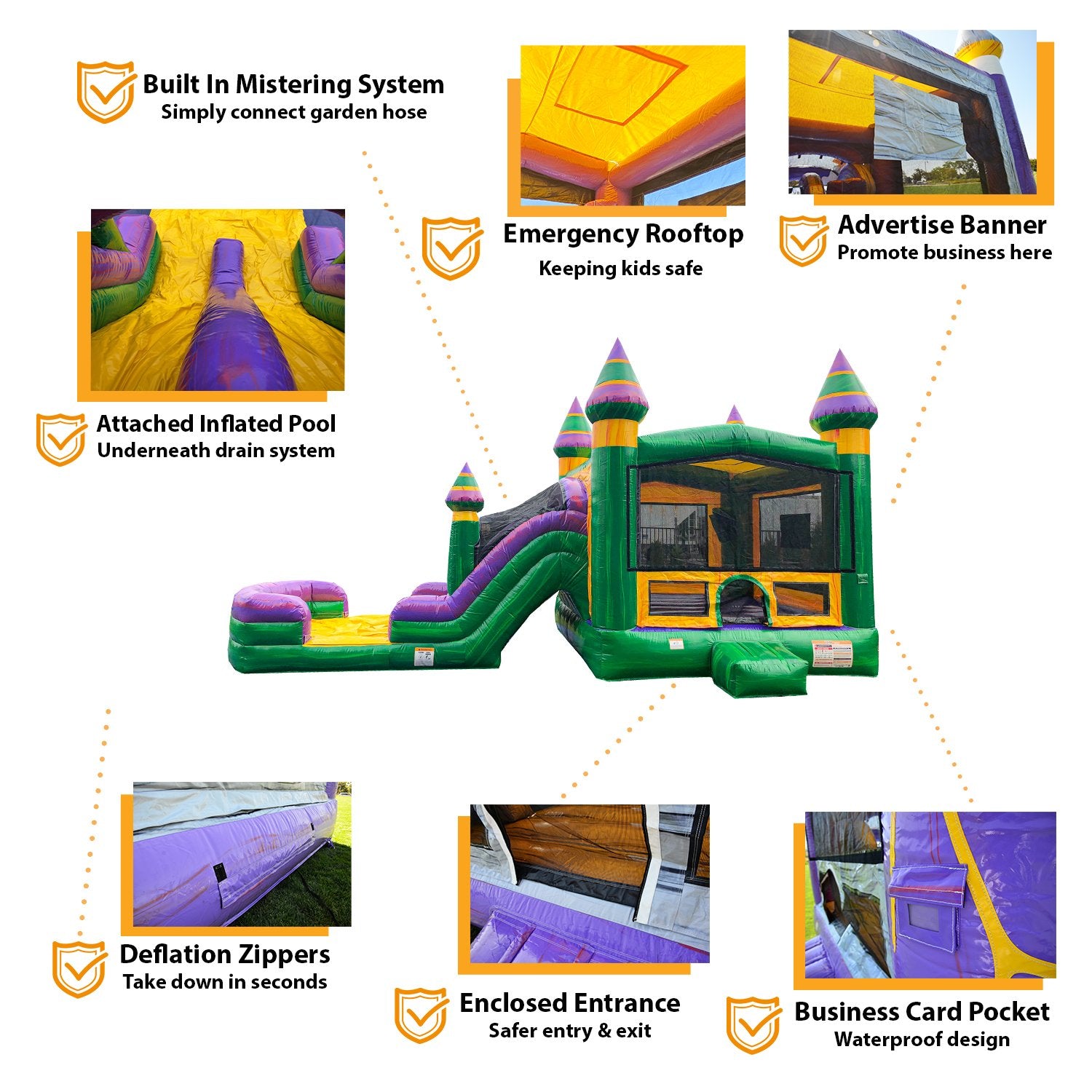 JumpOrange Castle Commercial Grade Bounce House Combo with Dual Slide and Splash Pool, for Adults and Kids, Wet Dry Use, Includes Blower, Inflatable Water Slide