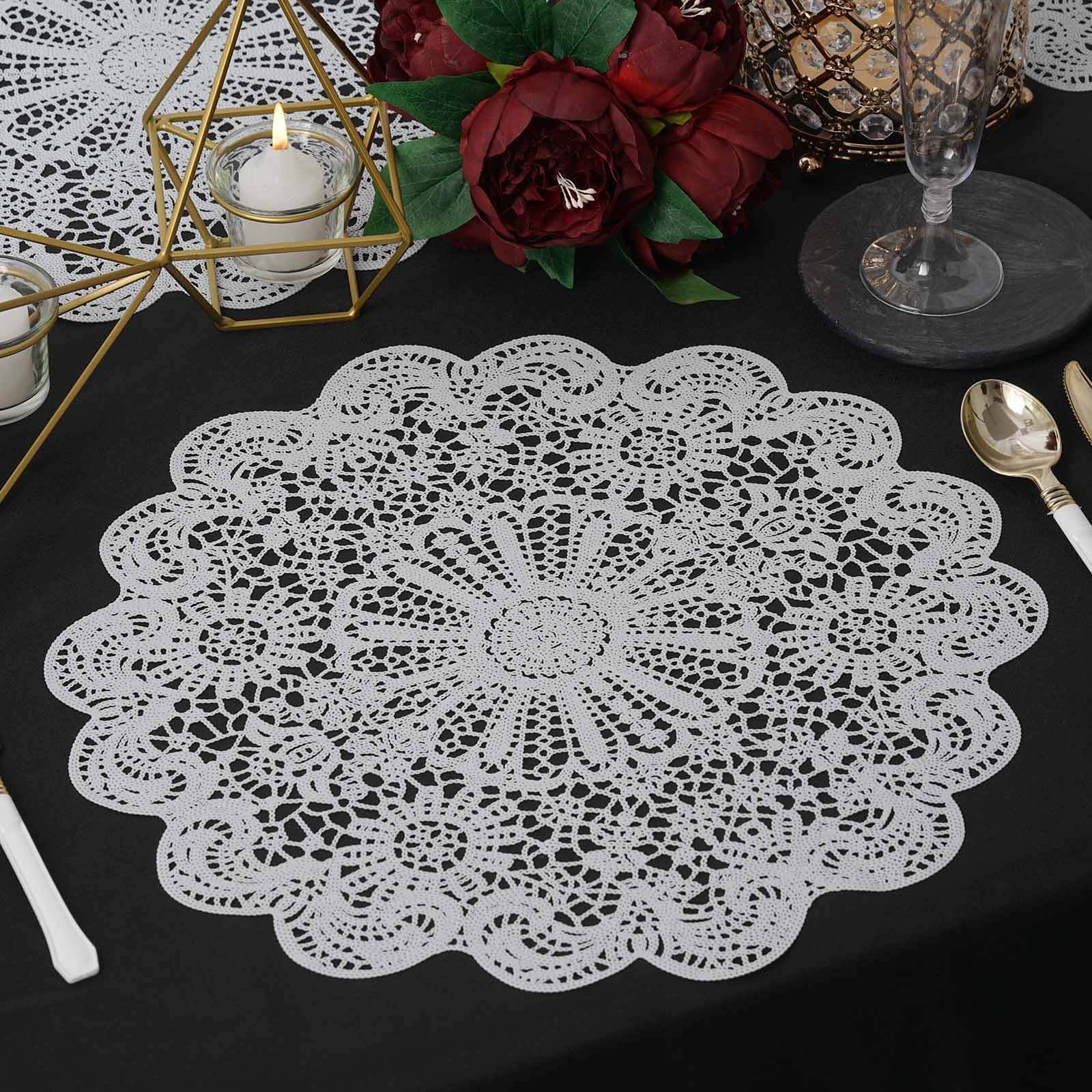 6 Pack White Vintage Floral Lace Vinyl Placemats, Non-Slip Dining Table Mats 15