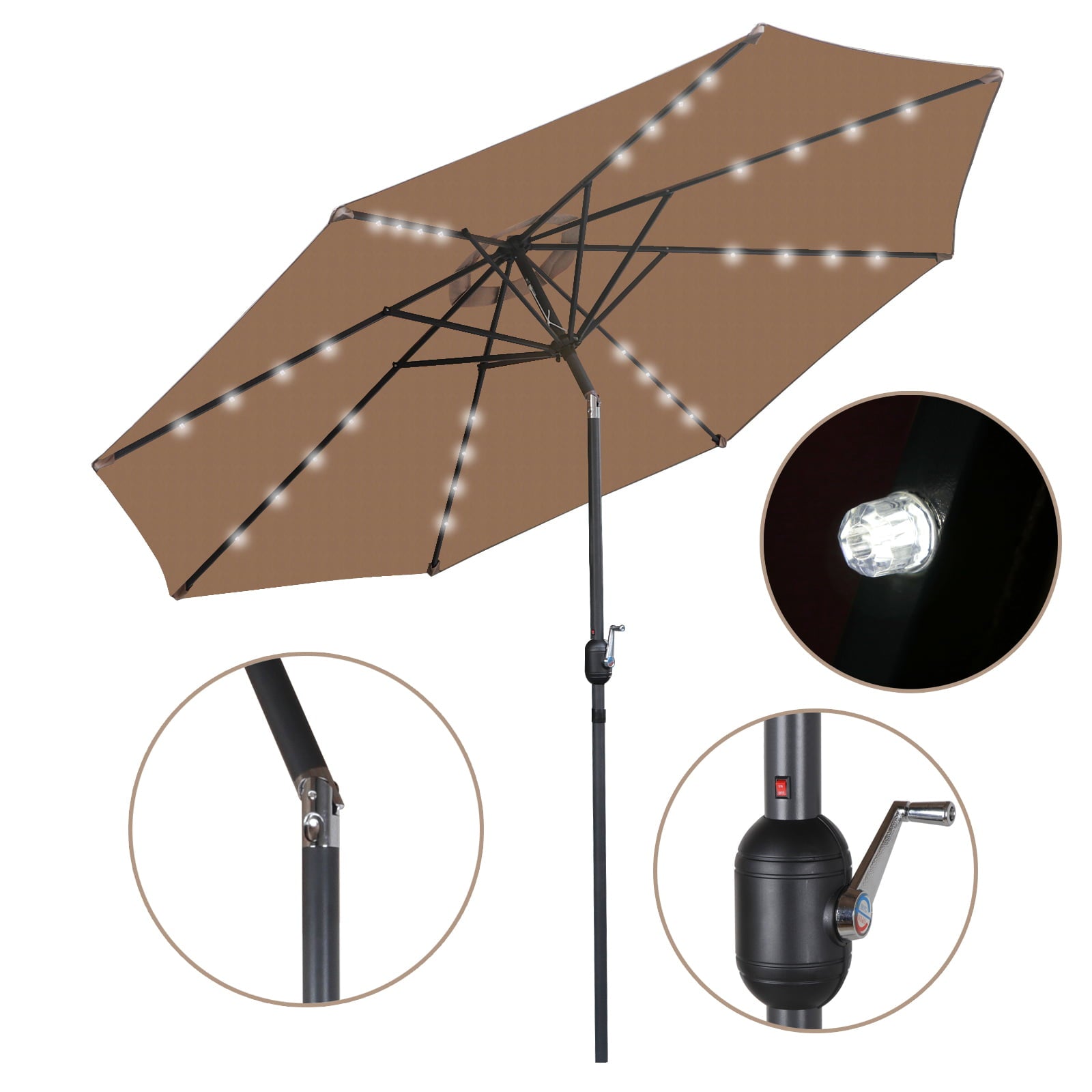 Zeny 10 ft Patio Backyard Umbrella LED Solar Power W/ Crank Lift System, Tan