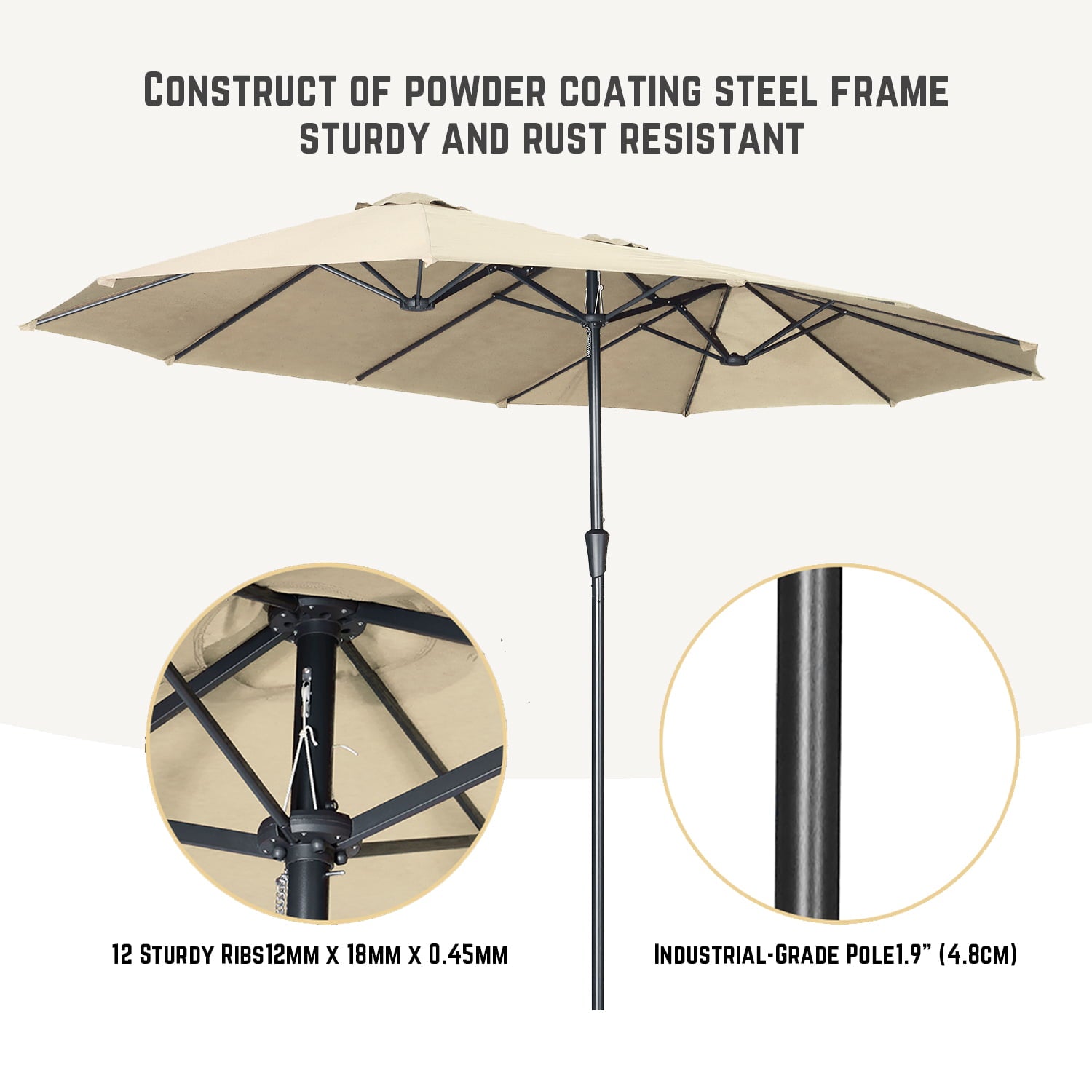 Autlaycil 15FT without lights Patio Umbrellas Double-Sided Outdoor Market Extra Large Umbrella with Crank-Khaki