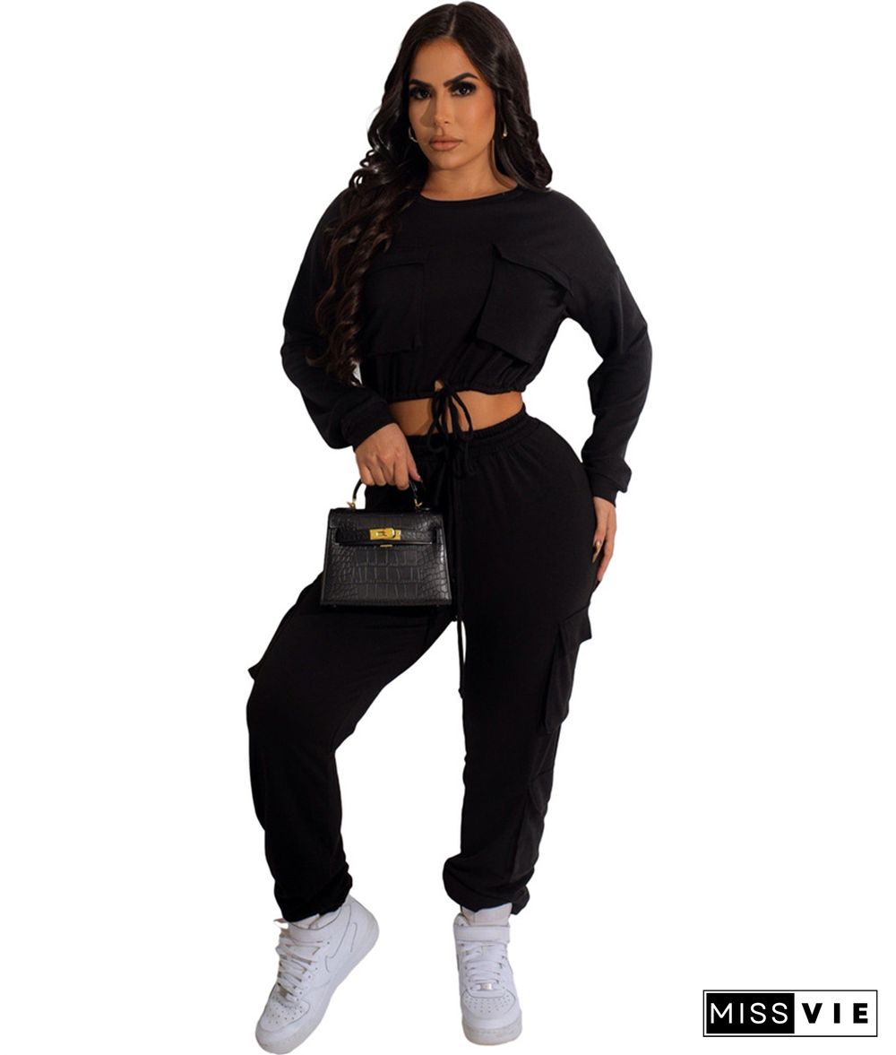 Casual Long Sleeve Lace Up Crop Top Cargo Pants Suit