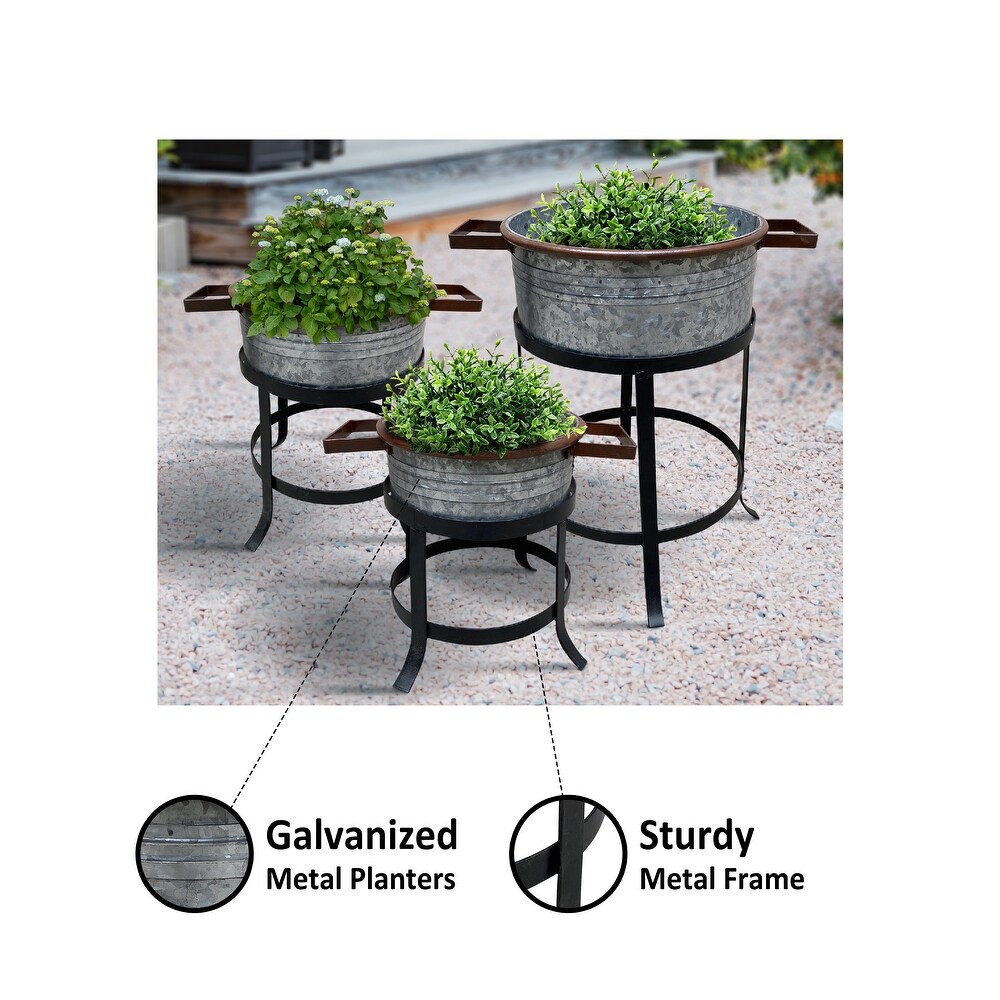 21  18  and 16 Inch 3 Piece Round Tub Metal Planter Set with Stand in Galvanized Gray and Black Iron