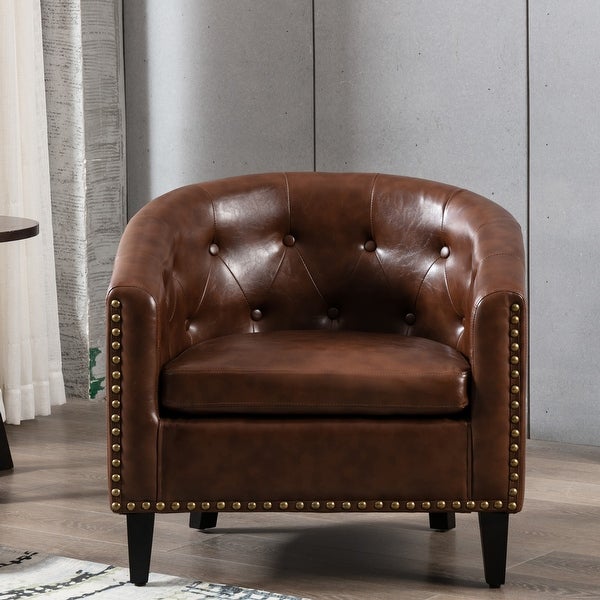 Comfortable Modern Design PU Leather Leisure Barrel Chair with Wood Legs and Nailheads