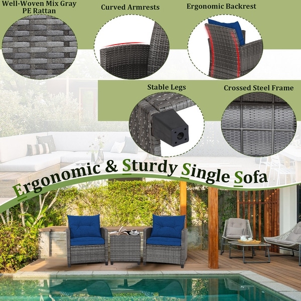 3Piece Outdoor Wicker Patio Furniture Set with Tempered Glass Coffee Table