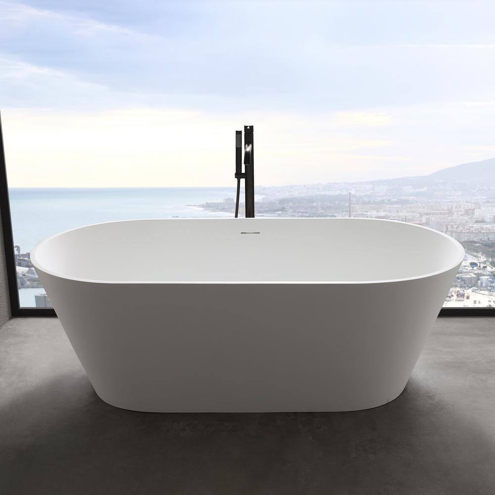 MEDUNJESS Maria 63 in. Stone Resin Solid Surface Matte Flatbottom Freestanding Bathtub in White FS304-1600