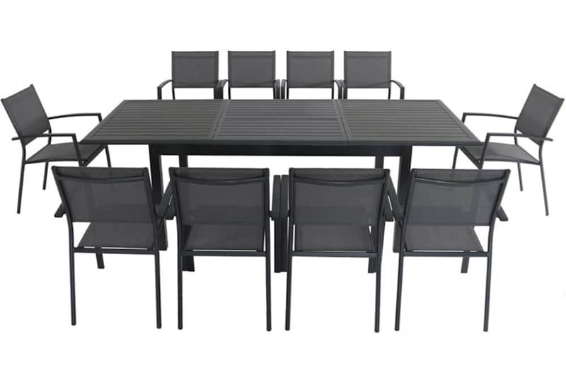 Hanover Cameron 11-Piece Outdoor Dining Set In Grey With 10 Aluminum Sling Chairs， 63and#215;94 Aluminum Extension Table