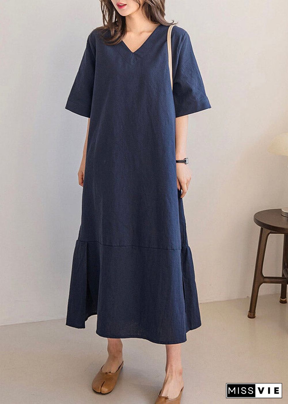 Navy Side Open Solid Long Dresses Short Sleeve