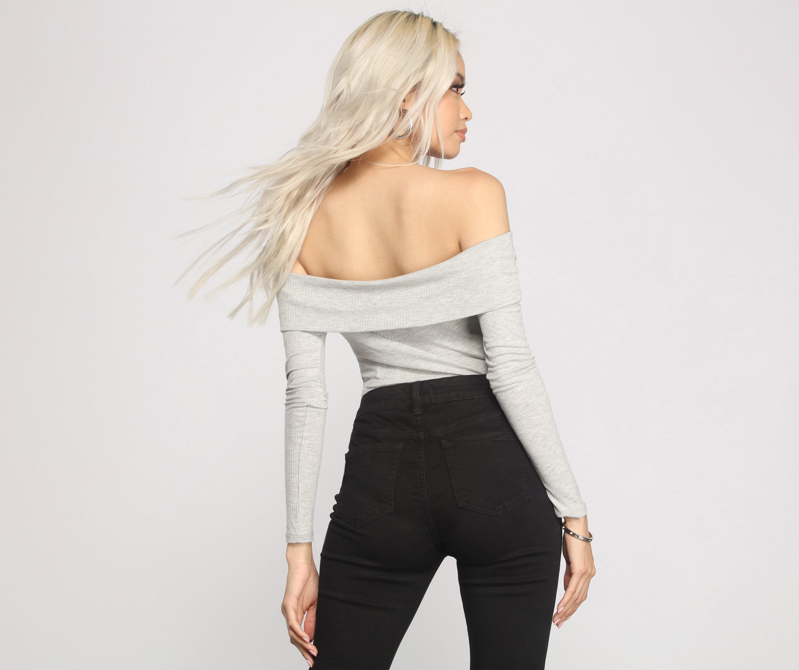 Ribbed Off The Shoulder Fold-Over Top