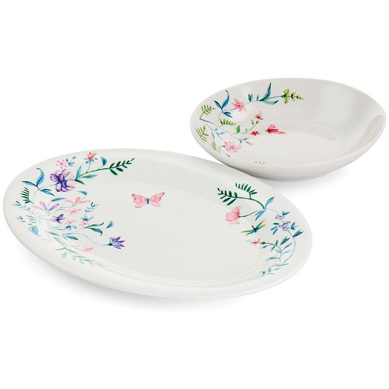 Gibson Home Butterfly Floral 2 Piece Fine Ceramic Platter and Dinner Bowl Set