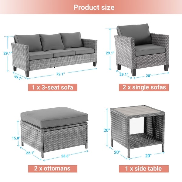 AOOLIMICS 6Pcs Patio Outdoor Furniture Gray Rattan Ottoman Seating Sofa Set