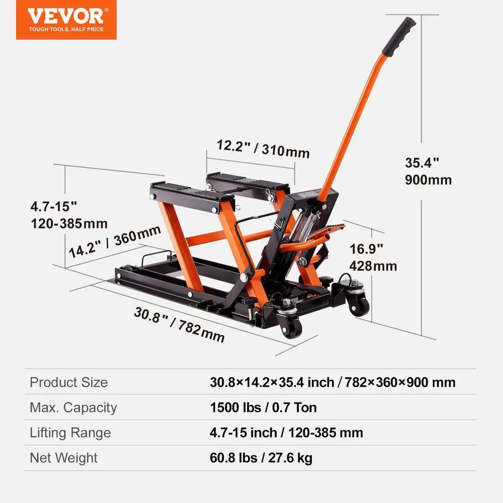 VEVOR Hydraulic Motorcycle Lift Jack 1500LBS. ATV Scissor Lift Jack with 4 Wheels Foot-Operated Hoist Stand for Motorcycle ATV MTCSJJYYB15004IG5V0