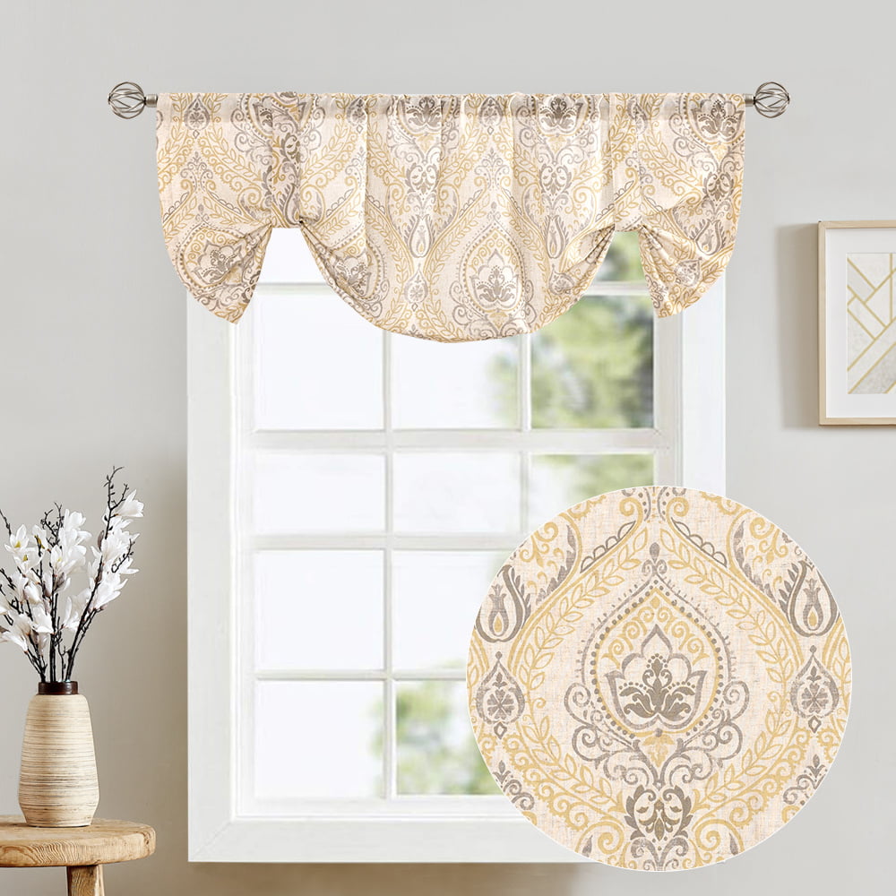 Curtainking Tie Up Damask Kitchen Valance Famhouse Curtain for Living Room 20 inch Linen Adjustable Window Valance Rod Pocket 1 Panel Yellow on Beige