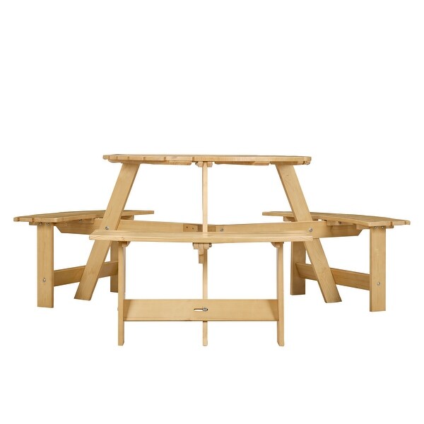 Outdoor 6 Person Picnic Table，6 Person Round Picnic Table with 3 Builtin Benches，Umbrella Hole，Outside Table and Bench Set