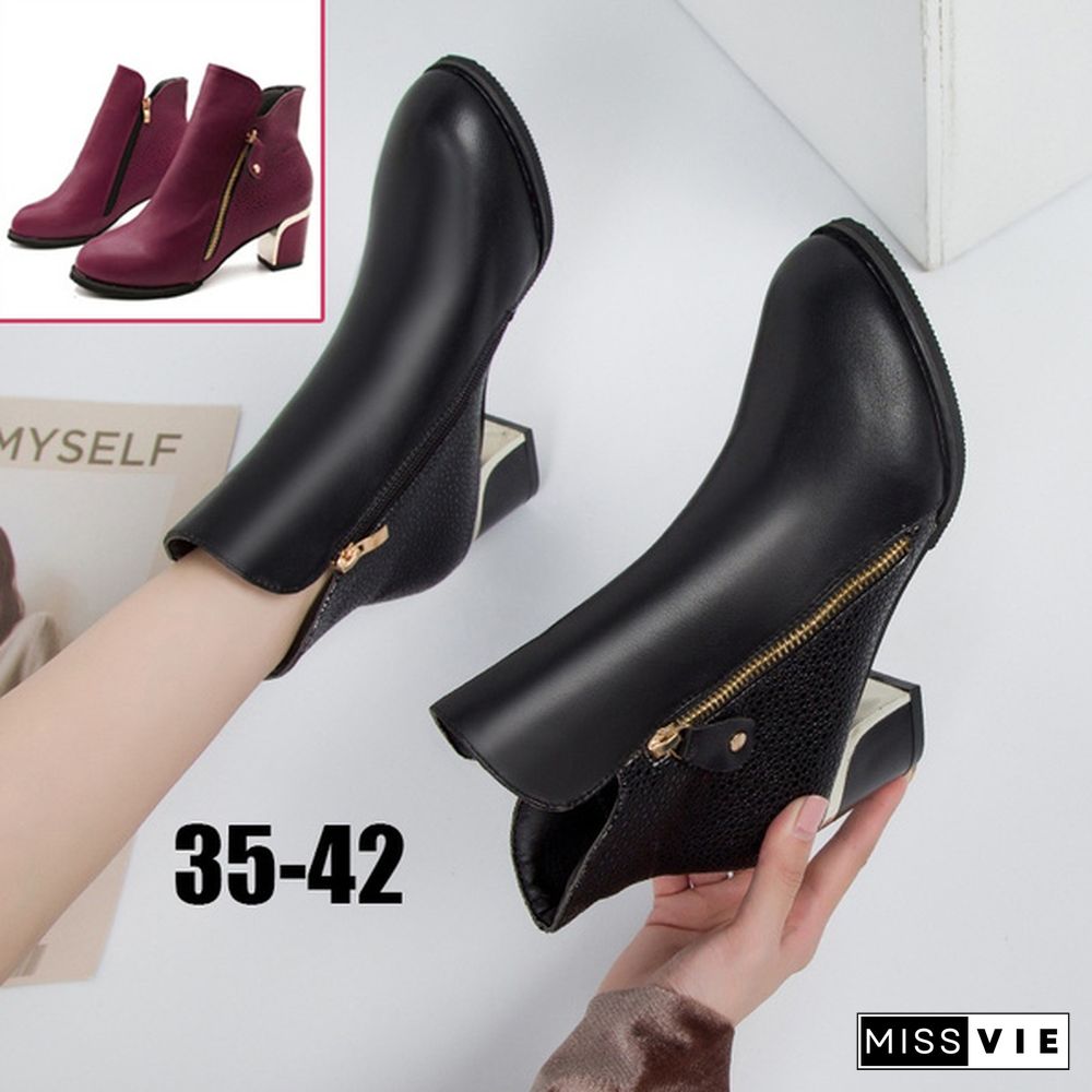 Autumn Winter Women  Martin Boots Female High Heel Thick with Side Zipper Large Size Ladies Boots