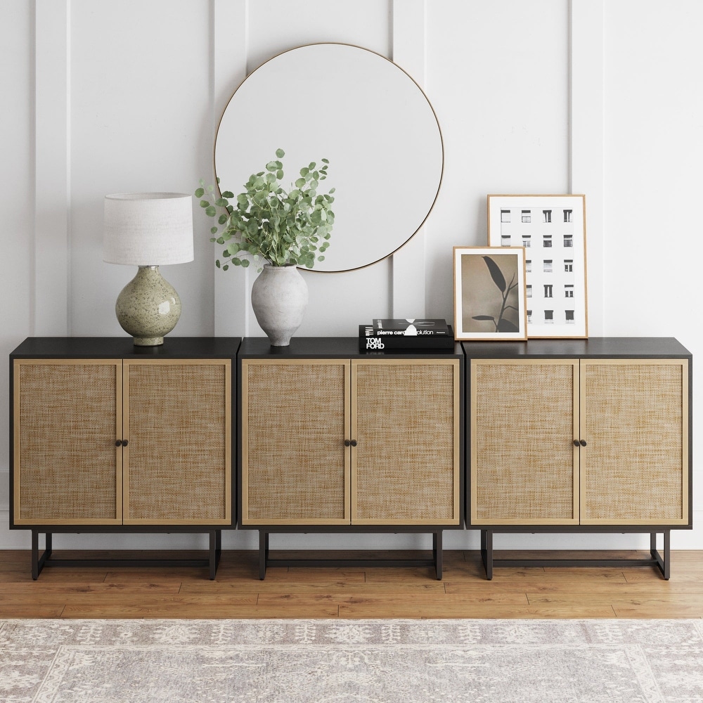 Nathan James Kova Natural Cane Rattan Doors Accent Cabinet with Metal Base and Adjustable Shelf