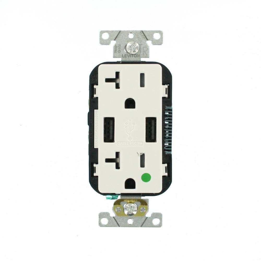 Leviton Decora 20 Amp Hospital Grade Tamper Resistant Duplex Outlet and 3.6 Amp USB Outlet White T5832-HGW