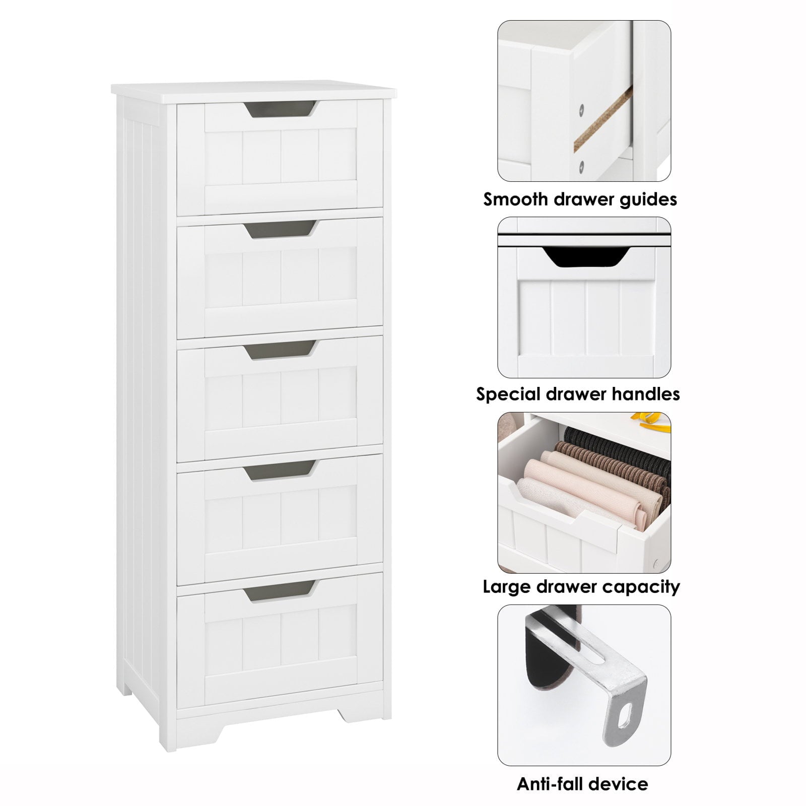 Homfa Bedroom Dresser with 5 Drawers, Wooden Bathroom Linen Cabinet, White Finish