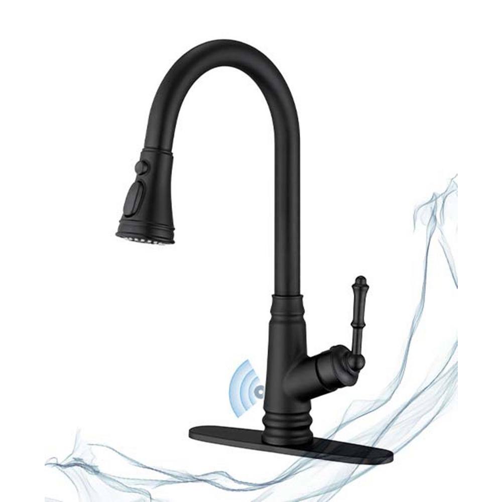 ELLOALLO Touchless Single Handle Deck Mount Gooseneck Pull Down Sprayer Kitchen Faucet with Deckplate in Matte Black EKF-B-T812