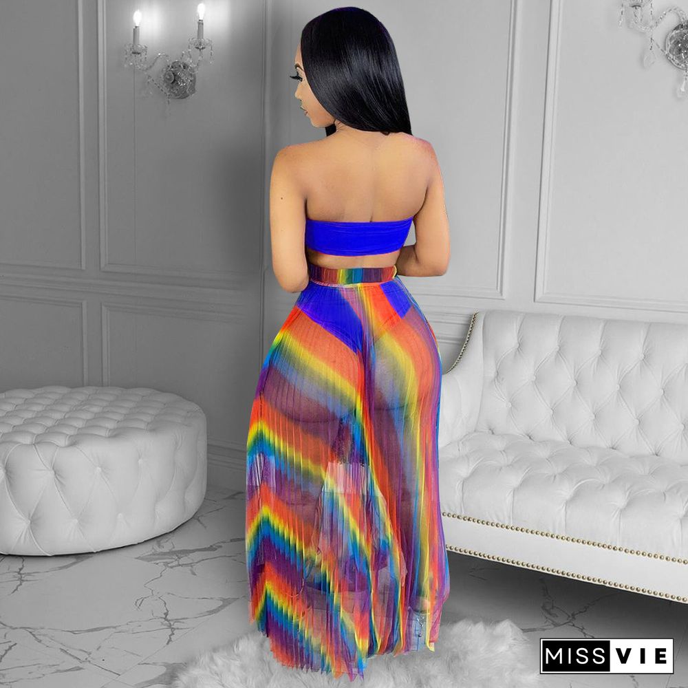 Sexy Off The Shoulder Wrap Chest Crop Top+Underpants+Rainbow Ruched Maxi Skirts Summer Bohemian 3 Piece Set