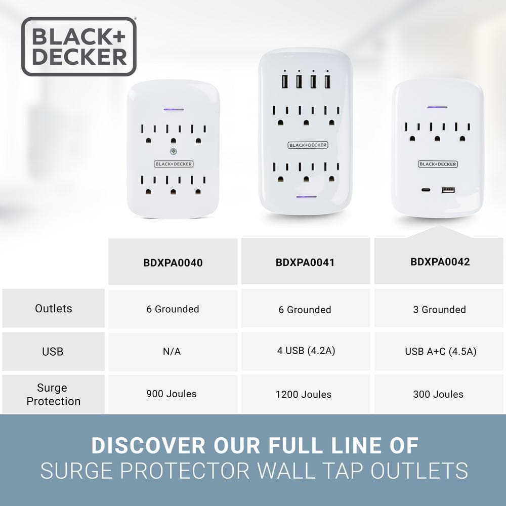 BLACK+DECKER 3 Grounded Outlets Surge Protector Wall Mount with 1 USB Charging Port, 1 USB-C Port BDXPA0042