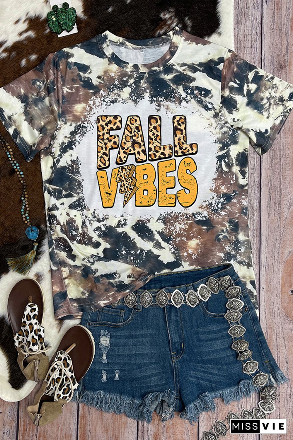 FALL Vibes Leopard Bleached Graphic Tee