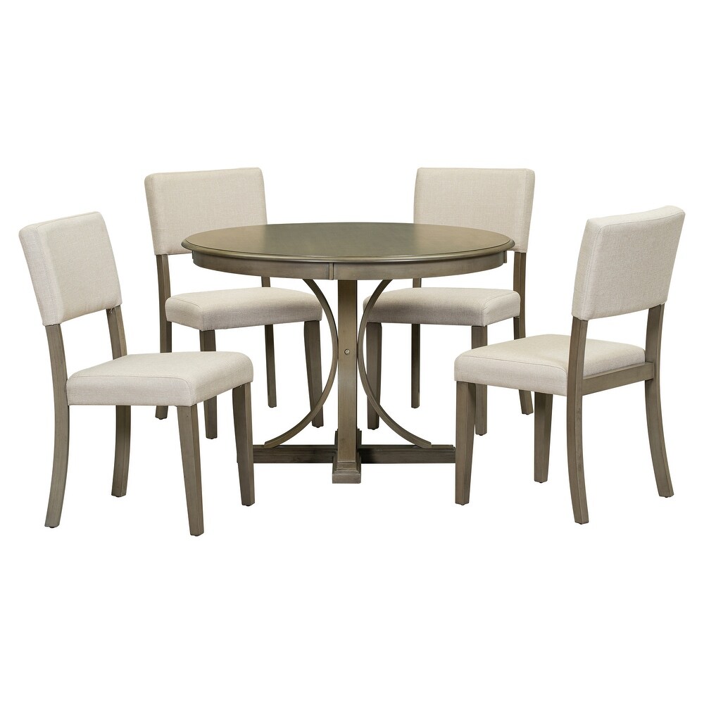 5 Piece Retro Round Dining Table Set with Curved Trestle Style Table Legs and 4 Upholstered Chairs