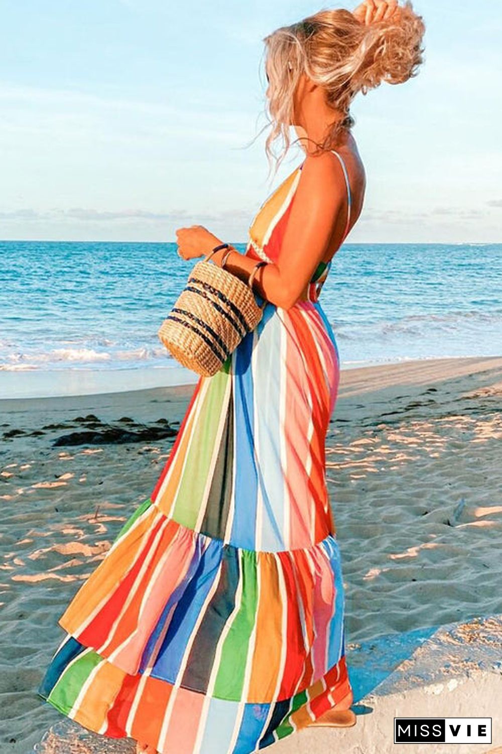 Rainbow Stripe Backless Slip Maxi Dress