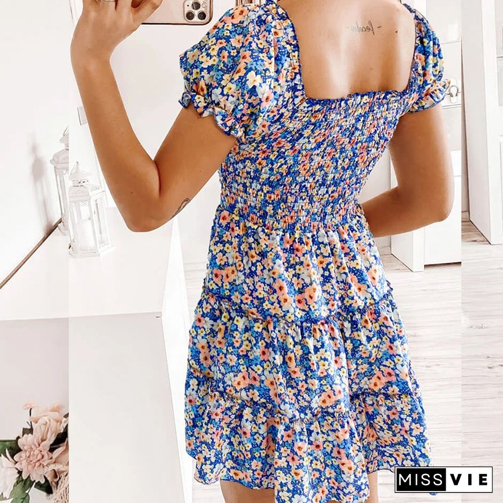 New Mini Dress Summer Beach Fashion Dress Women Short Puff Square Collar Folds Flower Print Ruched Sexy Vacation Party Sundress