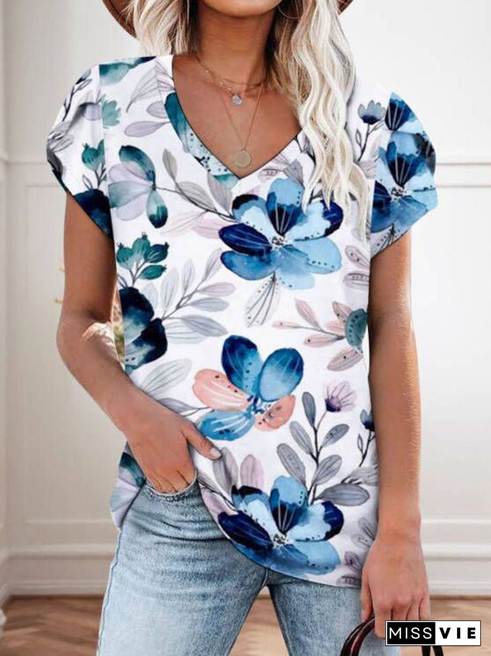 Women'S T-Shirts Floral Print V-Neck Short Sleeve T-Shirt