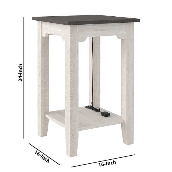 Wooden Side End Table with USB Ports and Power Cord， Antique White and Gray