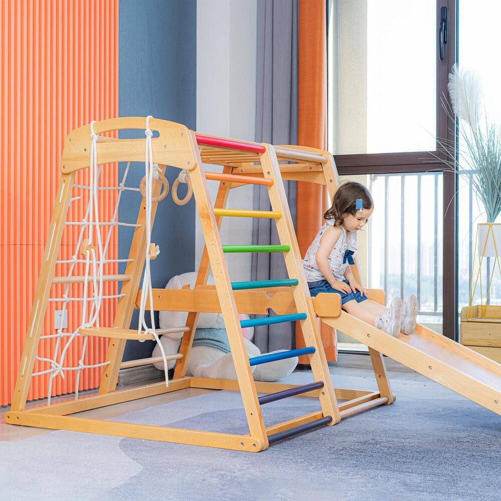 TIRAMISUBEST Solid Wood 7-in-1 Indoor Climber with Slide and Swing for Kids from 18 months to 10 years old W679XYS00027