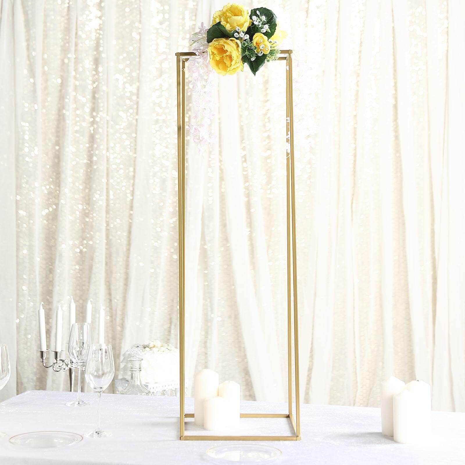 2 Pack Rectangular Gold Metal Wedding Flower Stand, Geometric Column Frame Centerpiece 40