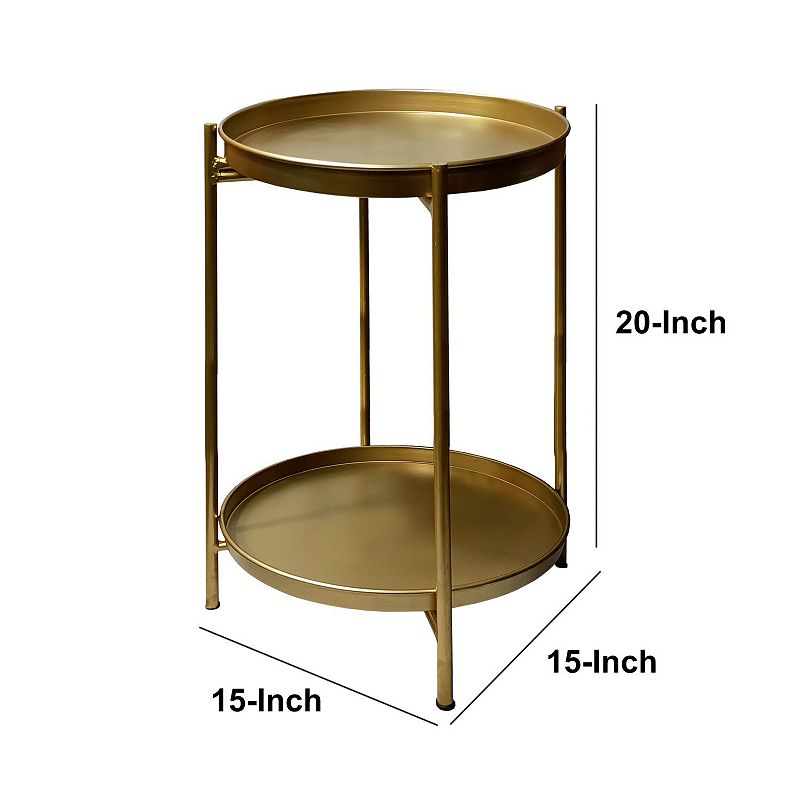 20 Inch High Round Side End Table with 2 Tier Iron Frame， Matte Gold