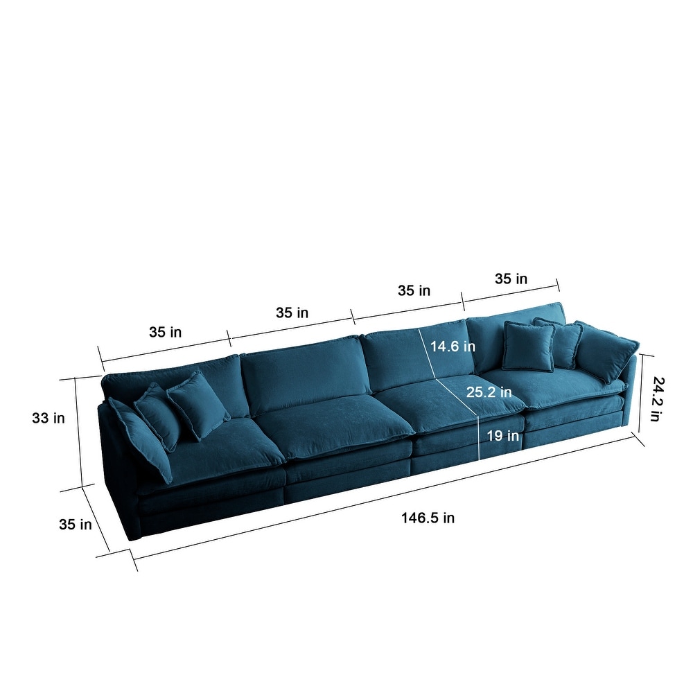 4 seat Straight Row Sofa  Deep Seat Sofa w/ 2 Armrest Pillows   4 Toss Pillows  Chenille Couch with Removable Cushions  Blue