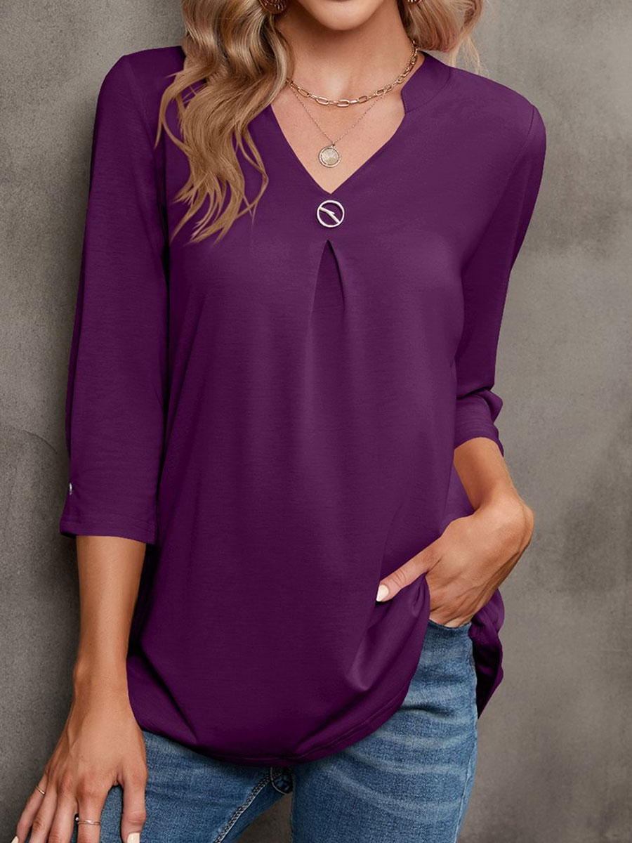 V-neck Casual Loose Solid Color Long-sleeved Blouse