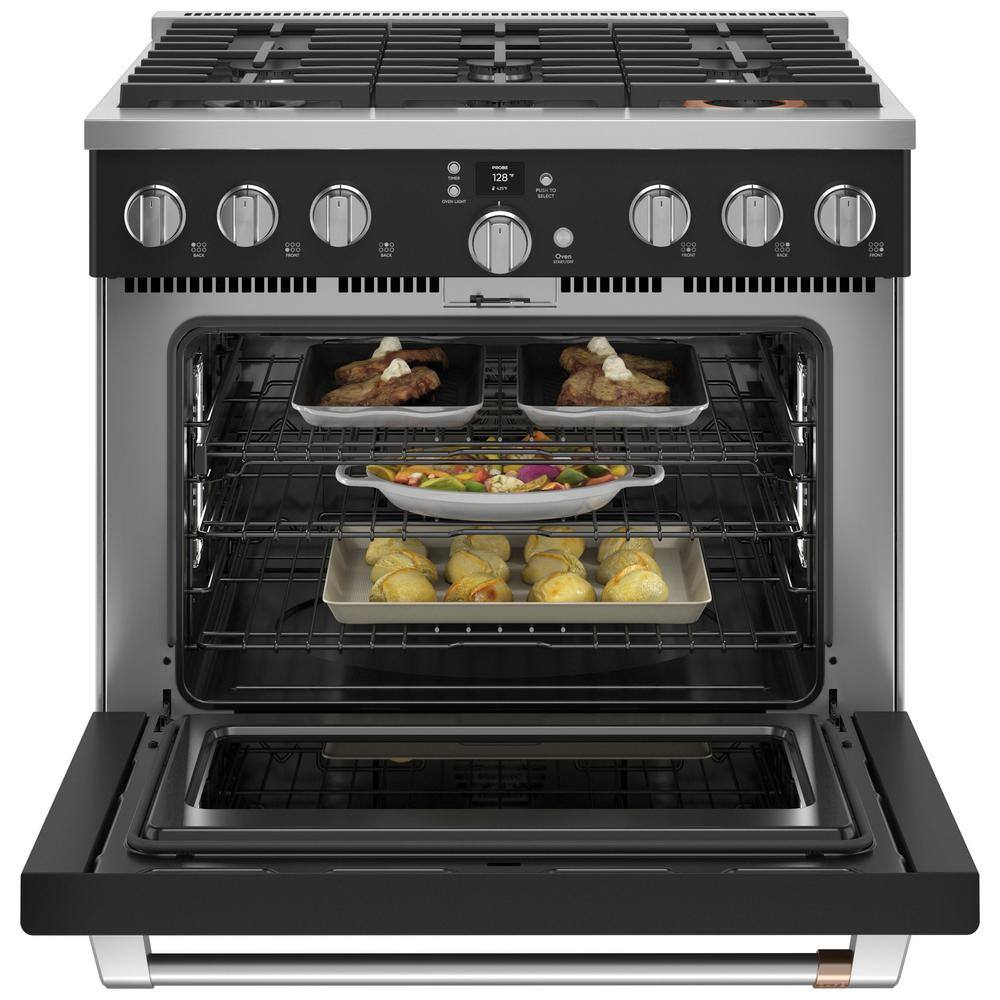 Cafe 36 in. 5.75 cu. ft. Smart 6 Burner Dual Fuel Range with Convection in Matte Black C2Y366P3TD1