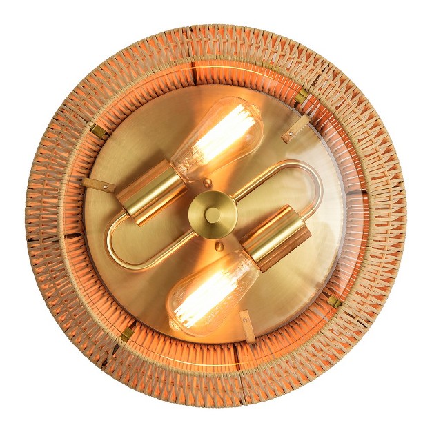 C Cattleya 2 lights Incandescent Antique Brass Flush Mount Ceiling Light With Natural Rattan Shade